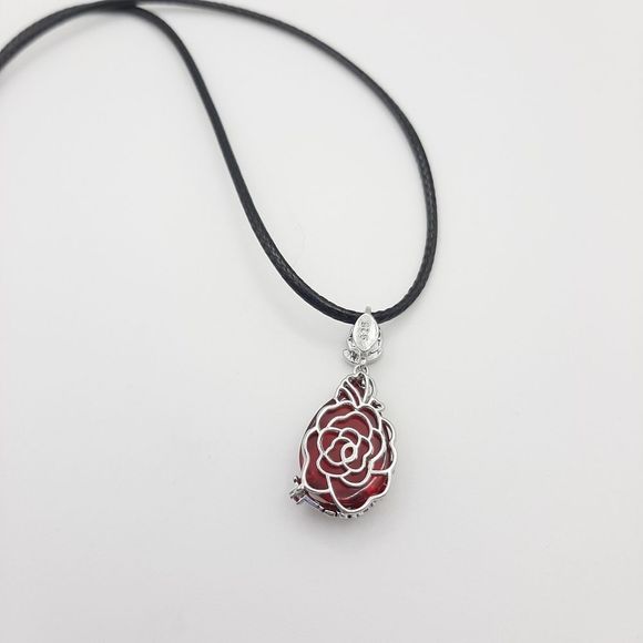 Christmas Red Rose Translucent Necklace Black Cord New - Picture 3 of 4